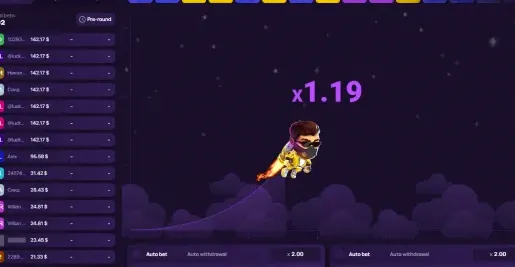 Lucky Jet game interface: multiplier, round history and the bets panel
